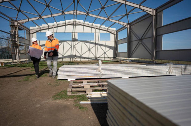 Contractors walking through a steel frame construction site