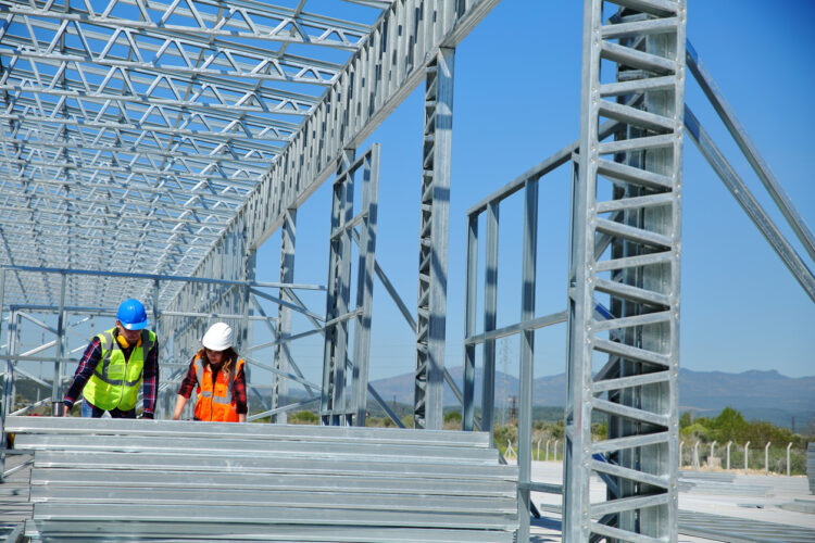 Construction crew working on a steel structure at a building site