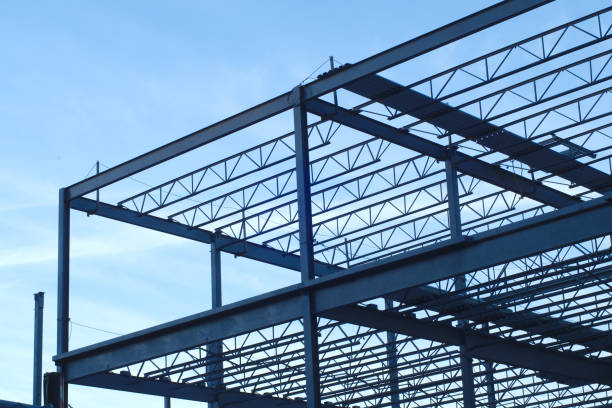 Steel framework construction showing structural beams and trusses