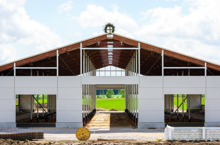 Agricultural building frame with wooden roof and steel panels
