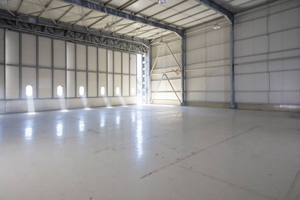 Empty hangar with installed hangar door and natural light