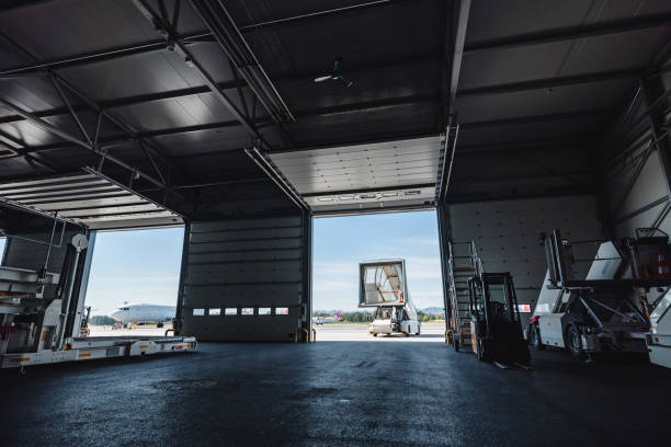 Interior view of installed bi-fold hangar door with equipment