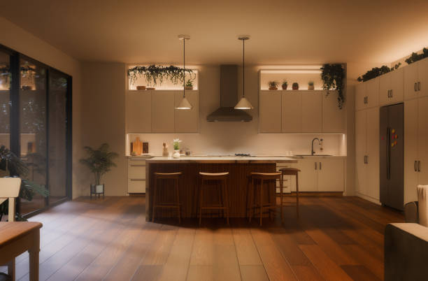 Modern kitchen addition with warm wooden flooring and plants