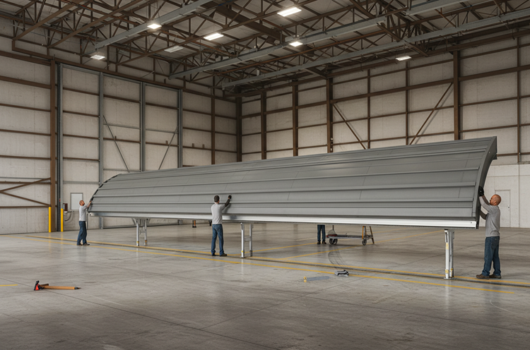 Workers assembling bi-fold hangar door inside warehouse for installation