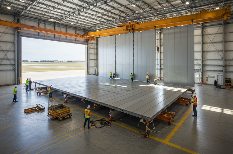 Installing large hangar door with crane support