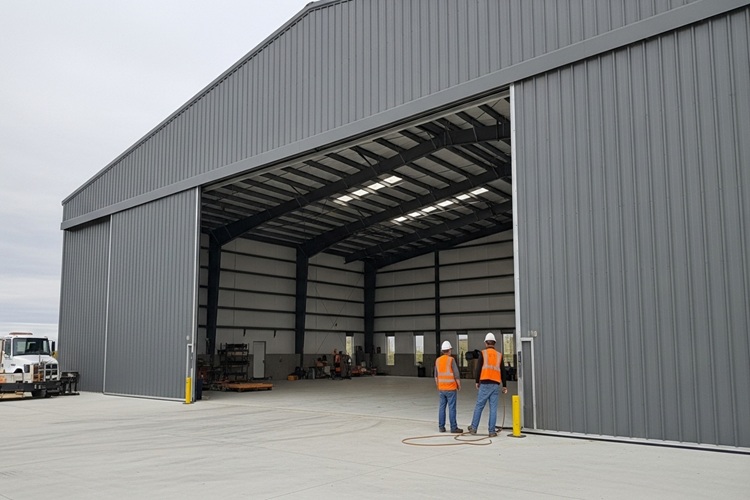 Wide steel hangar with sliding door installed by contractors onsite