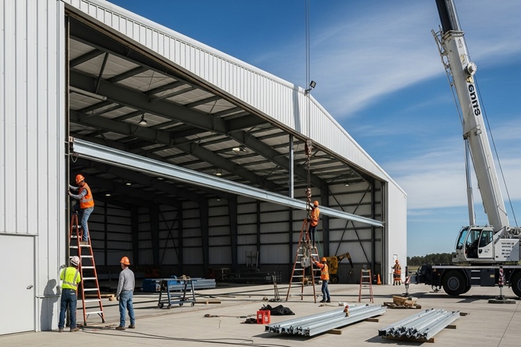 Construction crew installing hangar door with crane and ladders