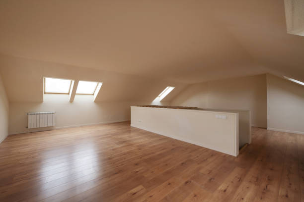 Finished attic space with wooden flooring and skylights installed