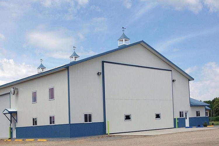 Newly built steel commodity shed with modern roof design