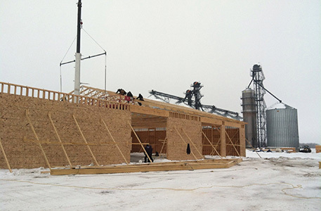 Workers framing an agricultural storage facility during construction