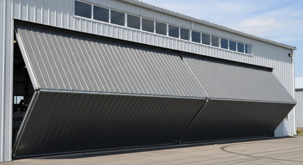 Large bi-fold hangar doors being installed at an industrial site