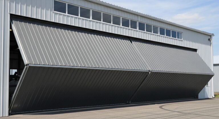 Large bi-fold hangar doors being installed at an industrial site