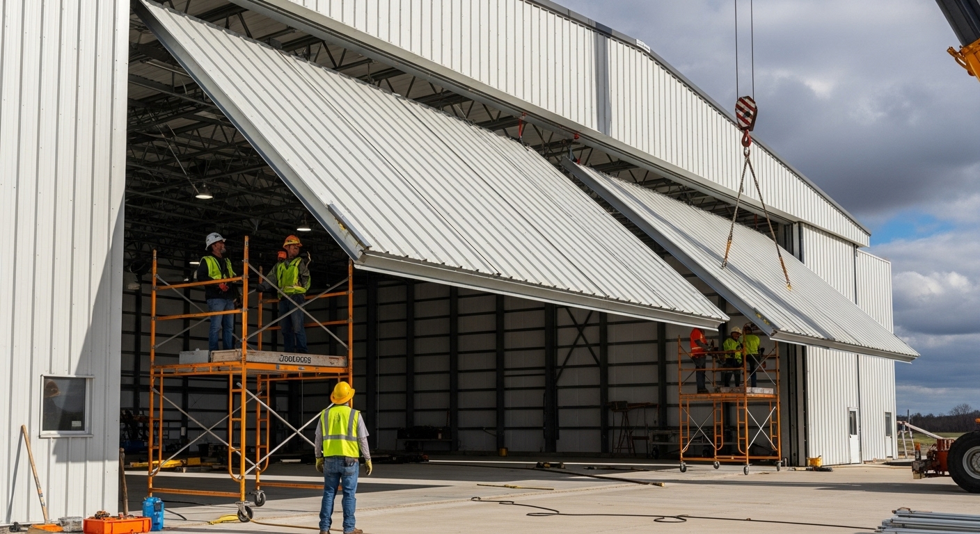 A large bi-fold hangar door being installed with heavy machinery