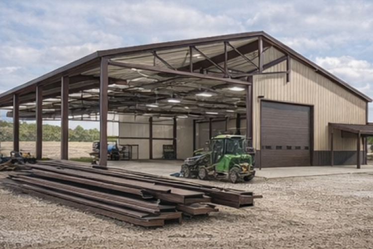 Steel-frame agricultural repair shop under construction with open bays