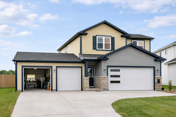 Custom home with attached shop and open garage bay