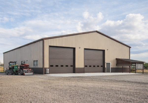 Agricultural repair shop building with large equipment bay doors