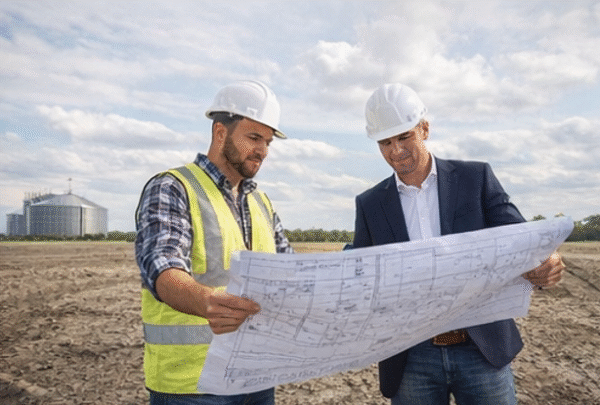 Contractors reviewing plans for agricultural repair shop construction