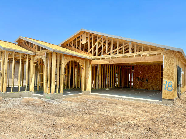 New spec home under construction with wooden beams and framework