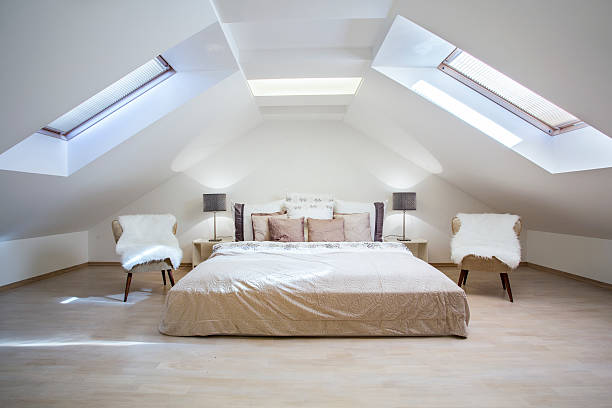Fully furnished attic bedroom featuring skylights and stylish furniture